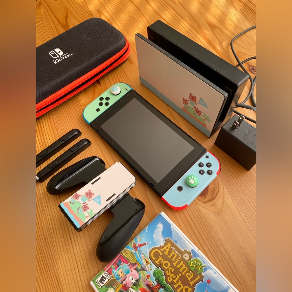 Nintendo Switch Console Blue and Red Joy-Con Animal Crossing Decal And Game